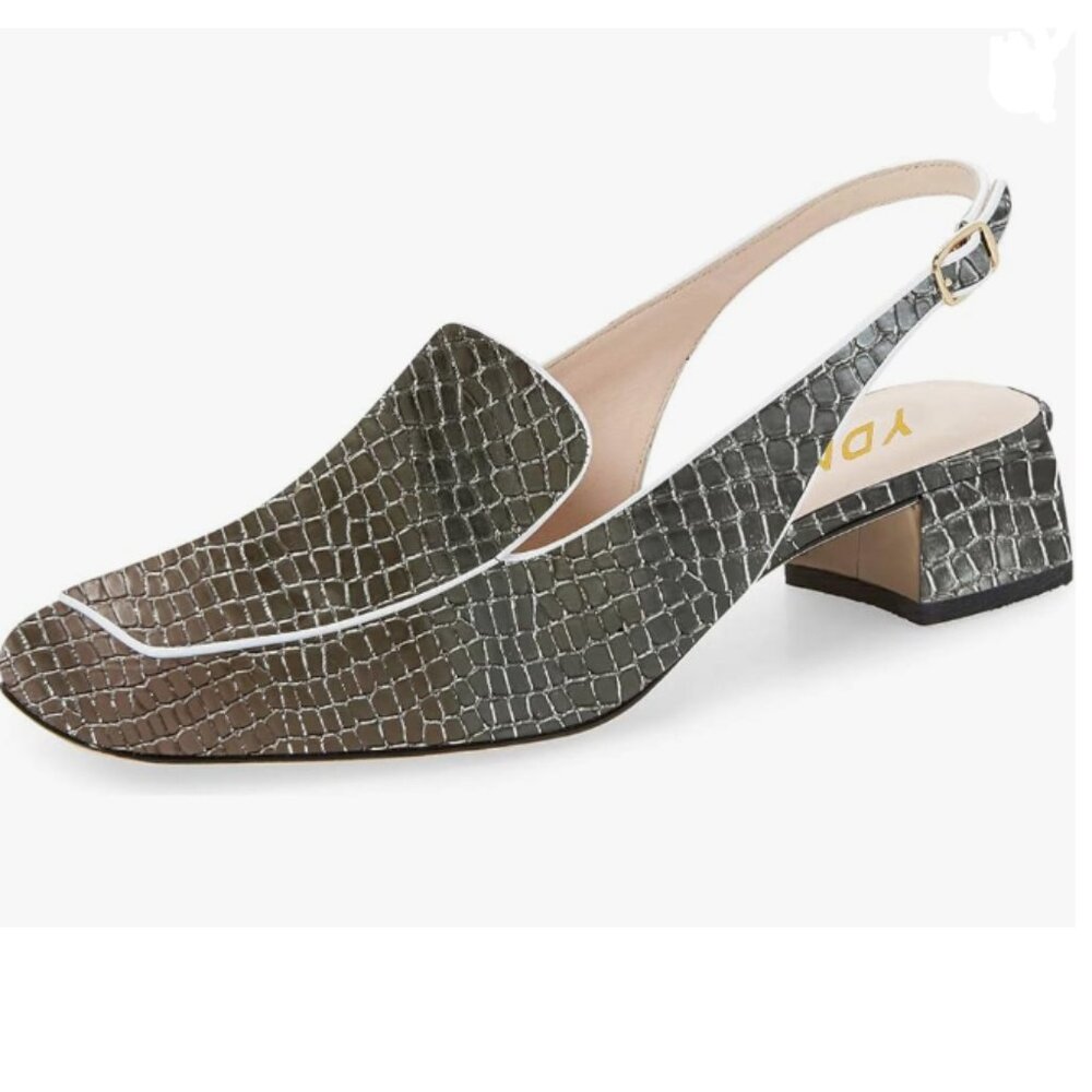 Ydn Silver Emboss Square Toe Block Low Heels Slin… - image 1